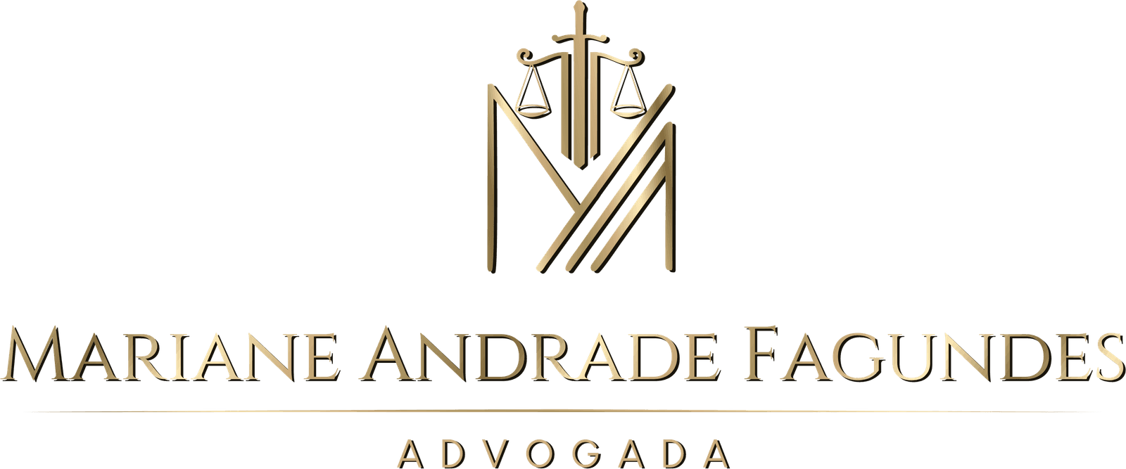 Mariane Andrade Advocacia: monograma com balança e espada sobre o nome Mariane Andrade Fagundes, advogada.